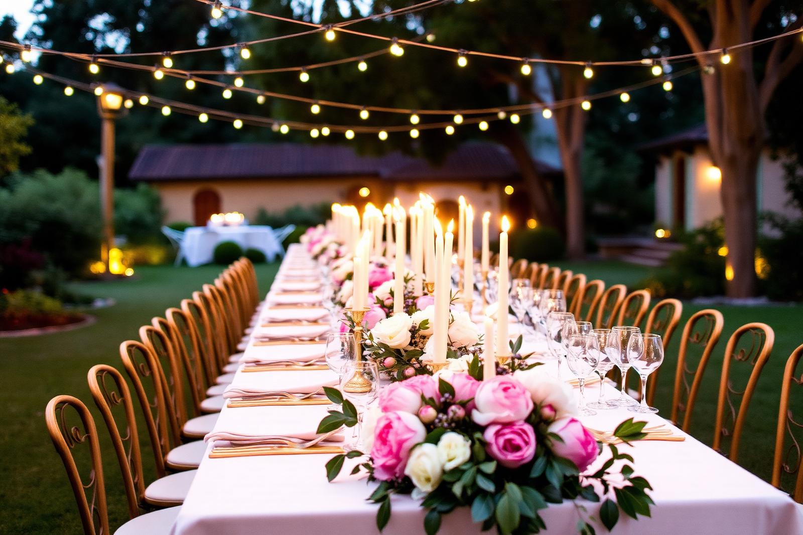 Candlelit garden dinner setup