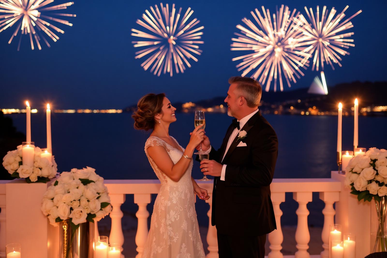 Anniversary toast with fireworks