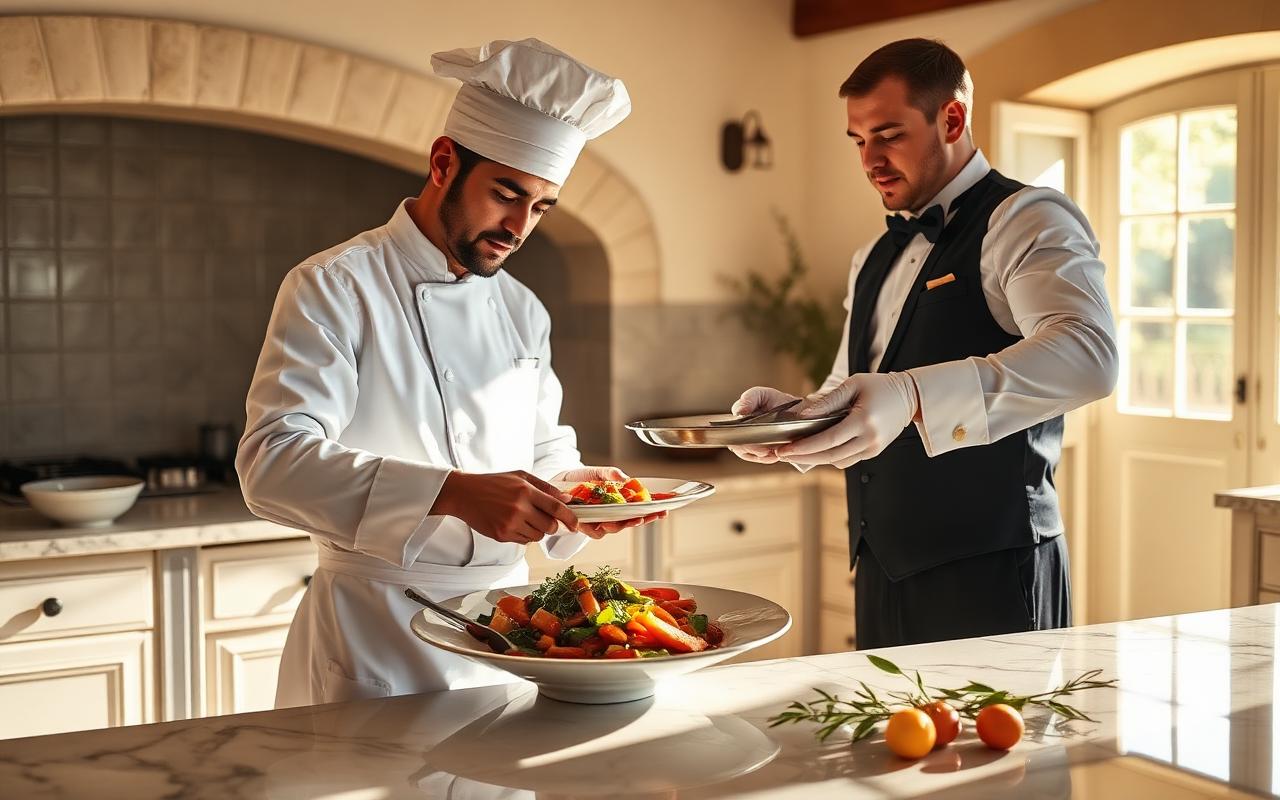 Private chef plating a dish while a butler serves at a Provençal villa