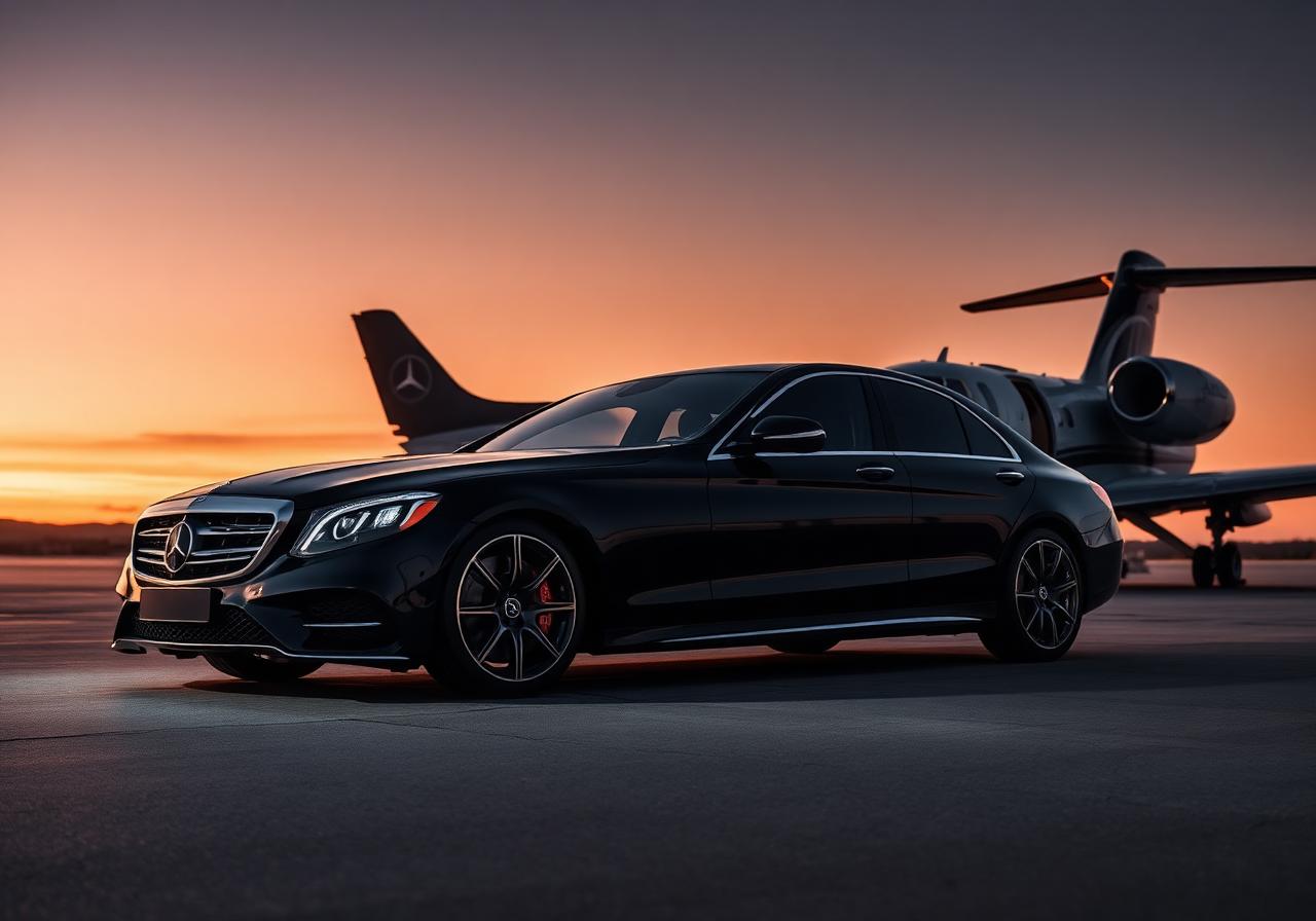 Black sedan beside private jet