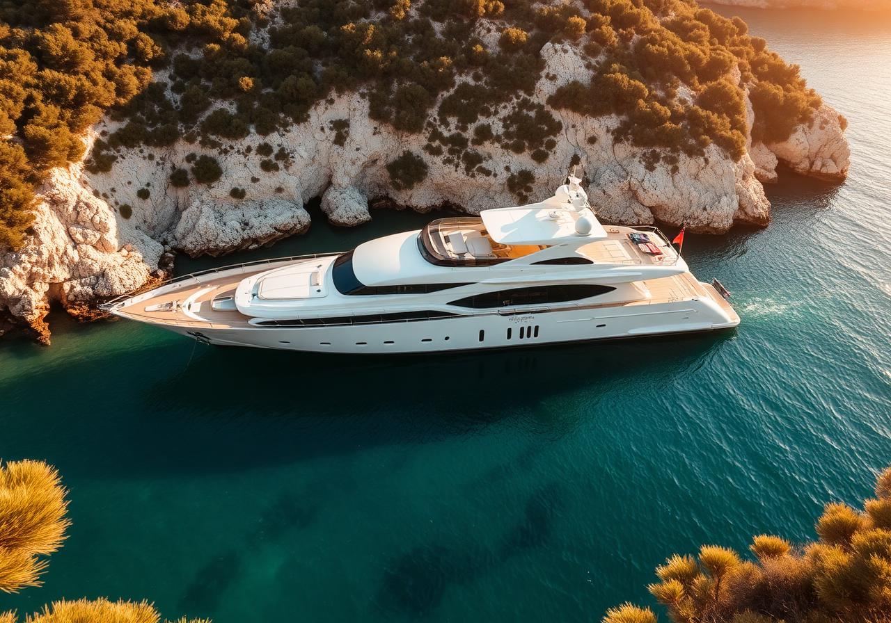 Superyacht in Mediterranean cove